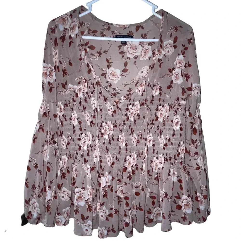 American Eagle Sheer Smocked Babydoll Top Size Small Blush Floral Boho Preppy
